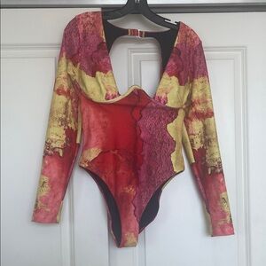 Andrea Iyamah Red, Yellow & Pink Long-Sleeve One-Piece Swimsuit